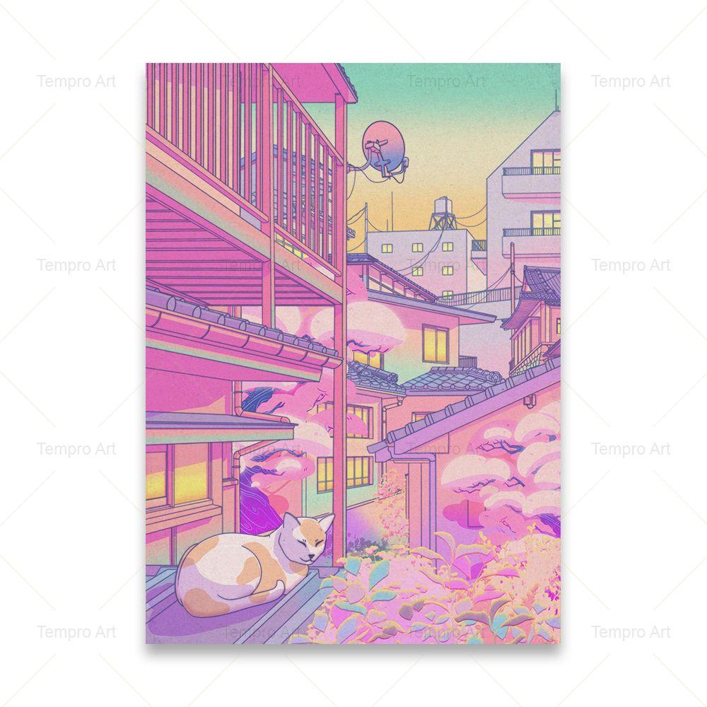 Poster im Vaporwave-Stil, japanische Stadt, Nacht, Straße, Pop, Kyoto, Poster, Leinwand, Gemälde, Wandkunst, Bild, Druck, Kawaii-Zimmer-Heimdekoration
