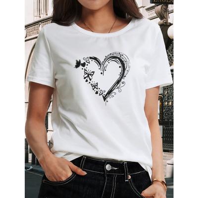 Europäische Größe Damen blickdichtes T-Shirt mit Herzprint - Mittlere Dehnung Kurzarm Lässig
