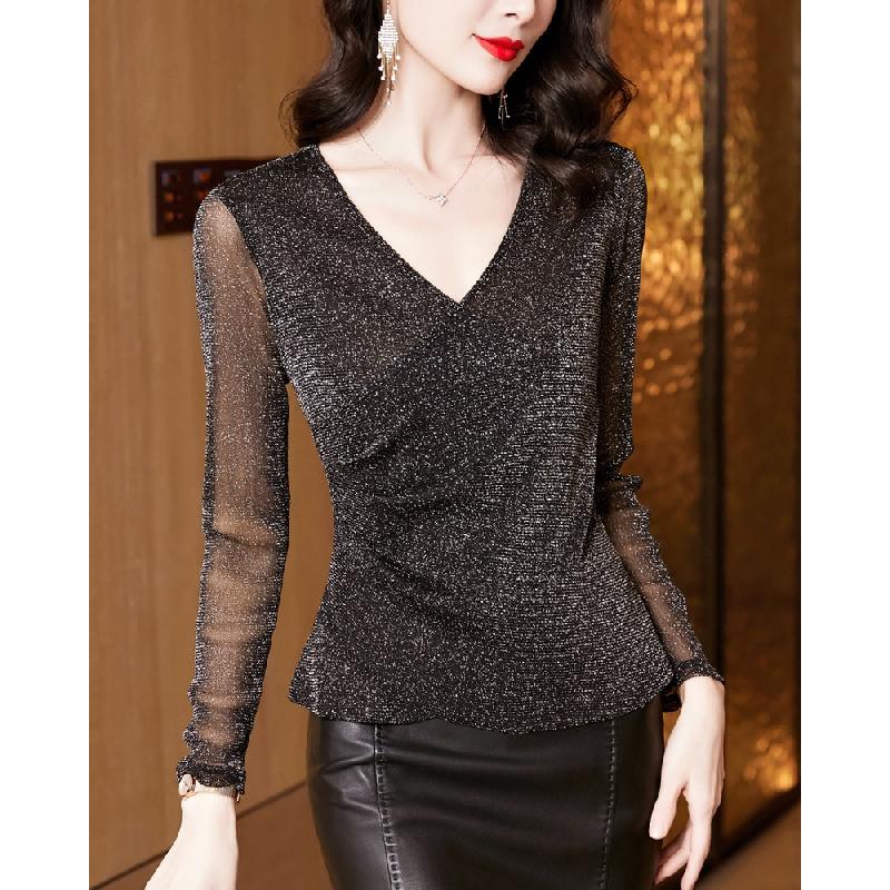 Women s New Spring and Autumn Cross V-Neck Fashionable Versatile Shiny Mesh Long Sleeve Top M чёрный