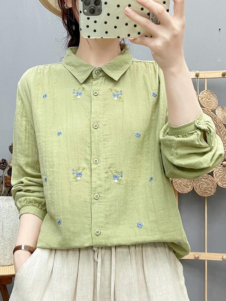 Women's Forest Style Cotton Gauze Shirt: Long Sleeve, Soft, Breathable, with Fresh Floral Embroidery