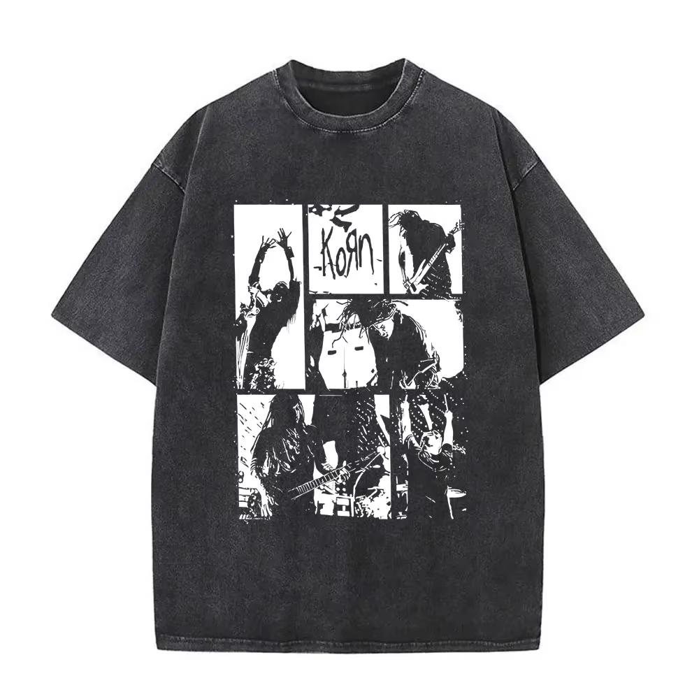 Washed Vintage Alternative Nu Metal Rock Band Korn Print Tshirt Men Oversized T-shirts Male Fashion T Shirts Y2k
