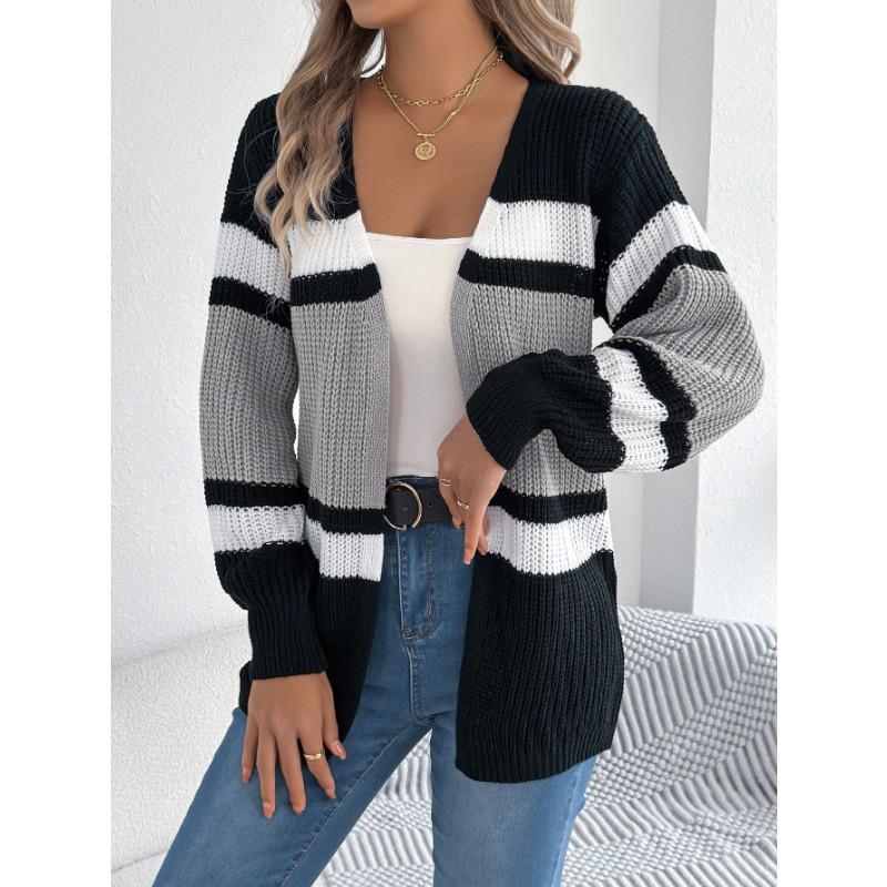 Women S Casual Striped Color Block Knit Cardigan Coat