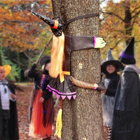 Crashing Witch Into Tree Halloween Decoration with LED Light Outdoor Lighted Flying Witch for Tree Yard Patio Porch Decoration