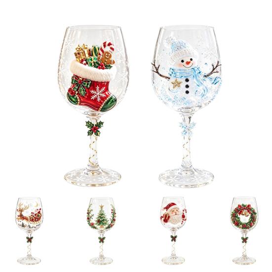 Klares Borosilikatglas Weihnachts-Stielweinglas, Schneemann/Weihnachtsmannkranz/Elch/Weihnachtsbaum Handbemalt, Einzigartige Austauschgeschenke Kreatives Stielglas