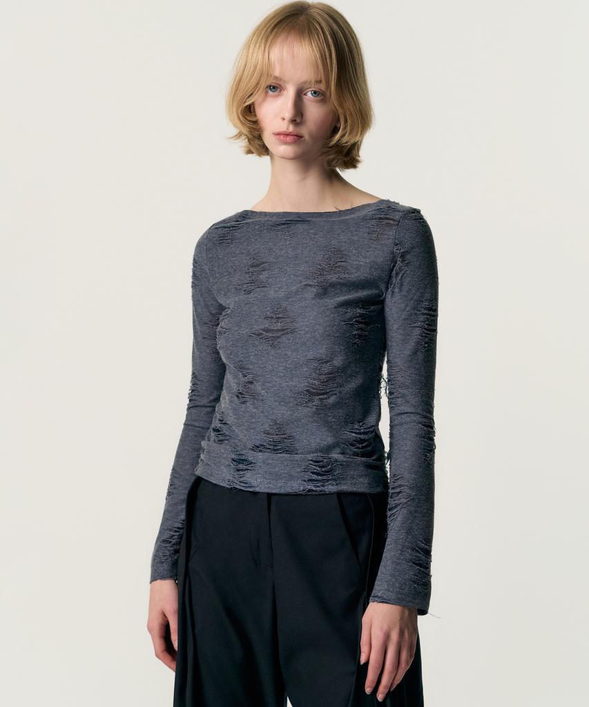 Kimjisu Distressed Cowl Neck T-Shirt_Blue