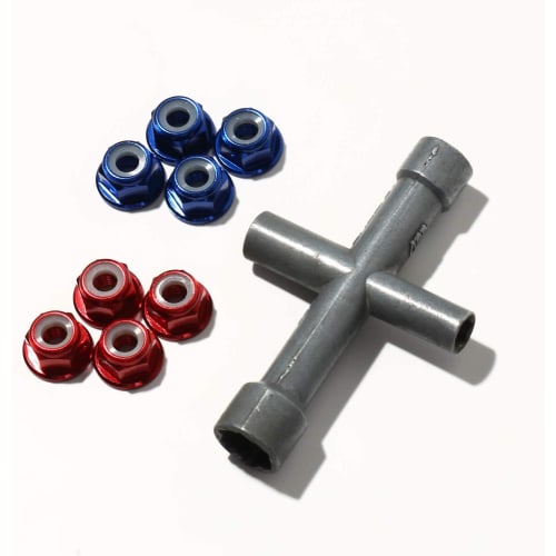 Set of 8 Lightweight Aluminum Wheel Nuts (4 Blue, 4 Red) for Tamiya 10/1 Scale Vehicles. Includes Plastic Flanges. Ideal for Weight Reduction and Dres