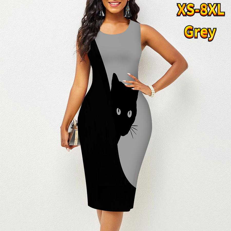 Damen Kleid Sling Sommerschwarz Katzendruck Kleider Eng Ärmellos Slim Fit Sexy Fashion Top Kleidung