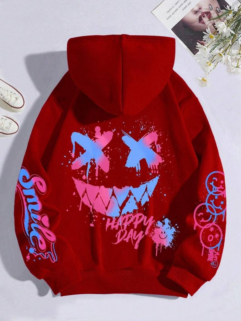 Autumn Kids Boys Personalized Smiling Face Print Comfortable Breathable Hooded Sweatshirt Outdoor Street Fashion Hooded Sweatshi