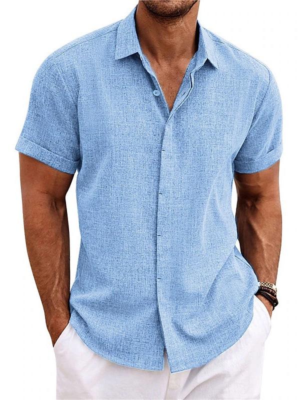 Men's Double-Breasted Short-Sleeve Cotton-Linen Shirt