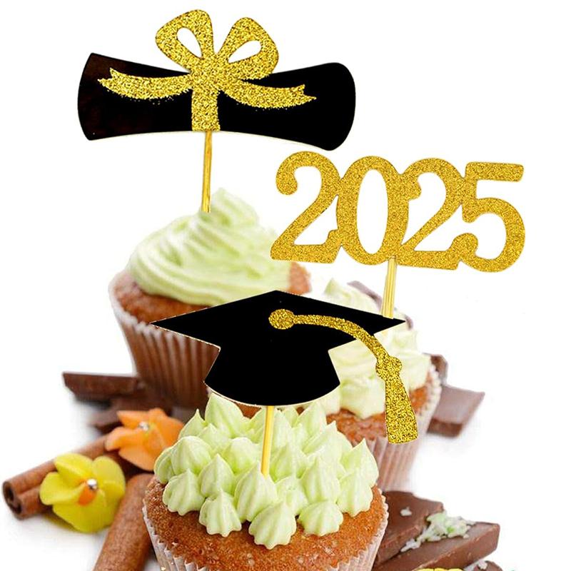 2025 Graduation Cupcake Toppers, 24Pcs Food/Appetizer Picks For Graduation Party Mini Cake Decorations, Diploma, 2025, Grad Cap