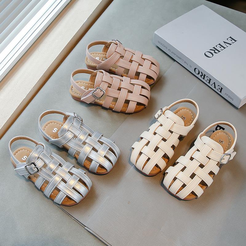 Girls Sandals Soild Color Versatile Kids Princess Shoes Weave Trend 2025 Summer New Children Beach Shoes Hollowed-out Breathable