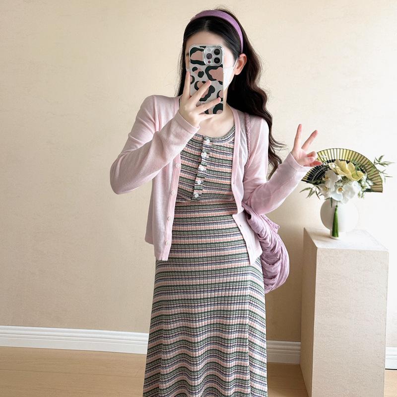 

Korean Style Maternity Slim Fit Striped Vest Dress with Sun Protection Shawl Set 2XL