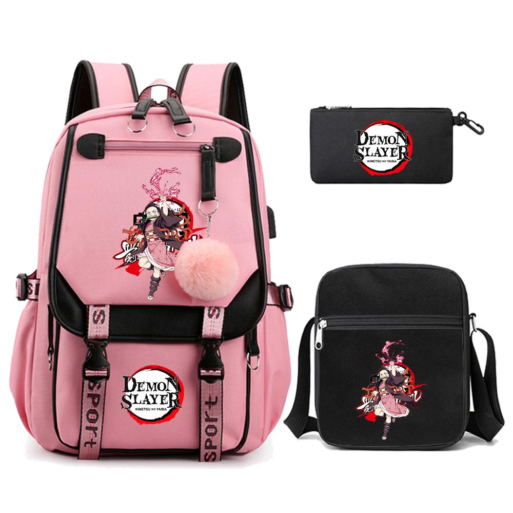 3Pcs/set Cartoon Demon Slayer Printed Backpack with Shoulder Bag for Teenager Student Girl Boy Bookbag Large Capacity Travel Bag