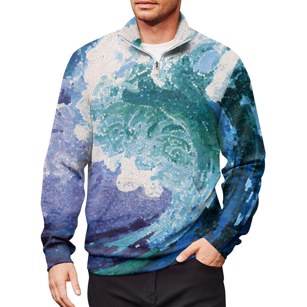 Men's Loose Casual 1/4 Zip Sweatshirt Fashion Printed Long Sleeve Top With Pockets