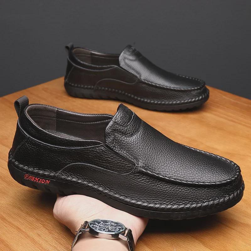 Men's Casual Leather Moccasins: Breathable Cowhide Flats for Middle-Aged and Elderly