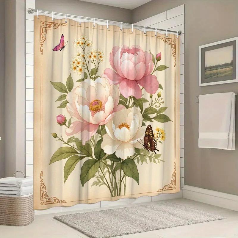 1pc Vintage Peony & Butterfly Shower Curtain - Elegant Floral Design, Cursive Quote, Polyester, 12 Hooks,  Bathroom Decor