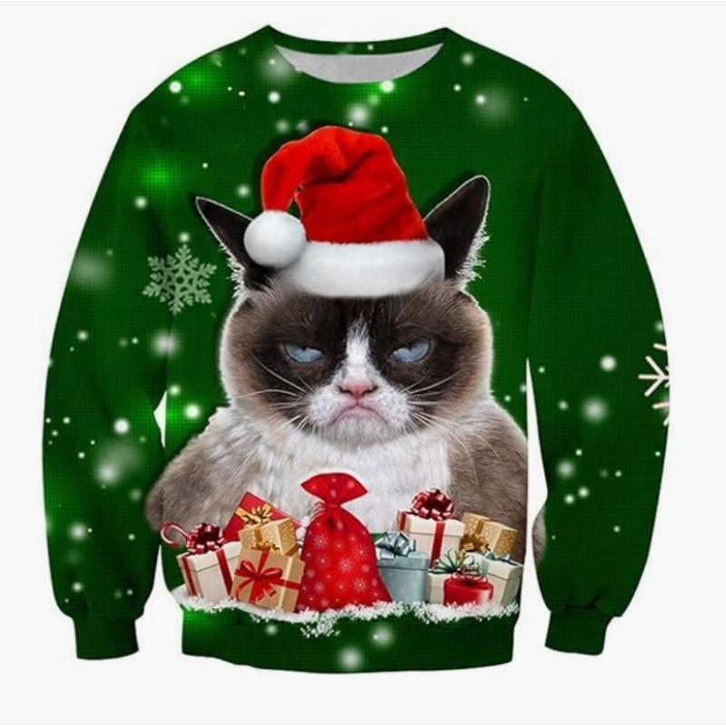Christmas Pattern Cute Cat Dog Surroundings Autumn Winter Long Sleeved Fashionable Casual Loose Women's Pullover