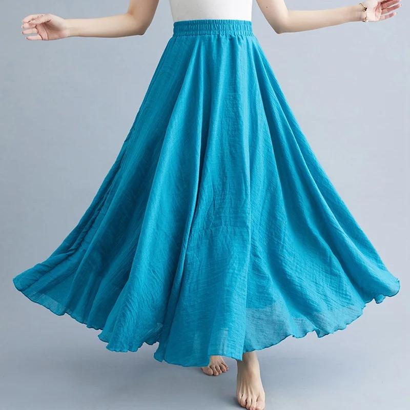 Women Linen Cotton Long Skirts Elastic Waist Pleated Maxi Skirts Beach Boho Vintage Summer Skirts Faldas Saia