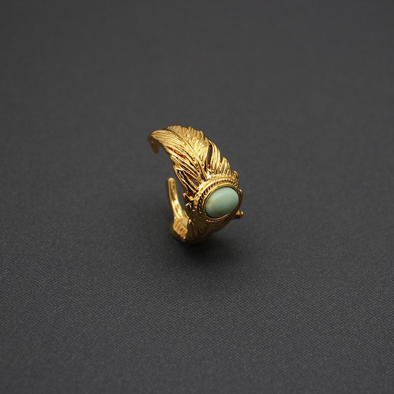 Turquoise Feather Jewelry Set: 18K Gold-Plated Adjustable Ring & C-Shaped Earrings. Elegant Niche EU/US Design.