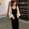 Autumn Winter Square Collar Patchwork Vintage Dress Women Lantern Long Sleeve Elegant Fashion Robe Vestidos
