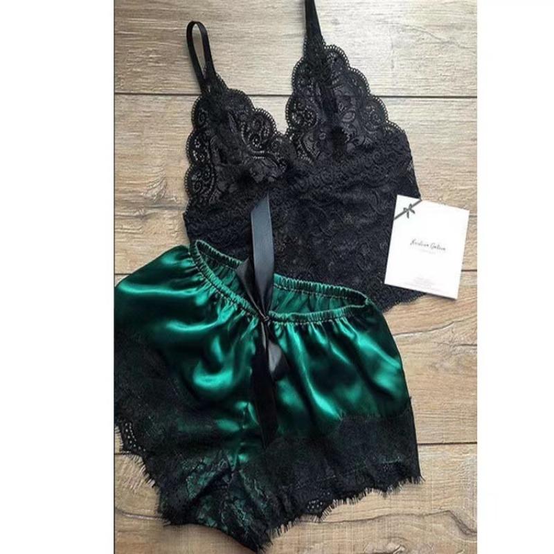 Pijamale Sexy pentru Femei Set 2 Piese Top Pantaloni Scurți Haine de Dormit Pijamale Dantelă Lenjerie