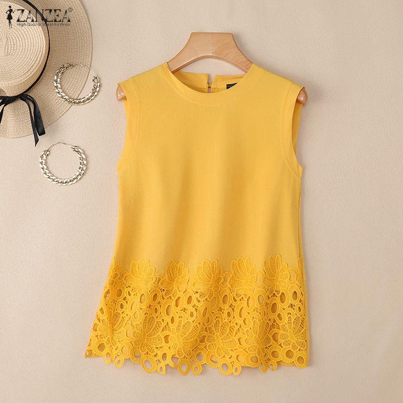 ZANZEA Women Lace Crochet Splice Summer Casual Rpund Neck Sleeveless Tank Tops
