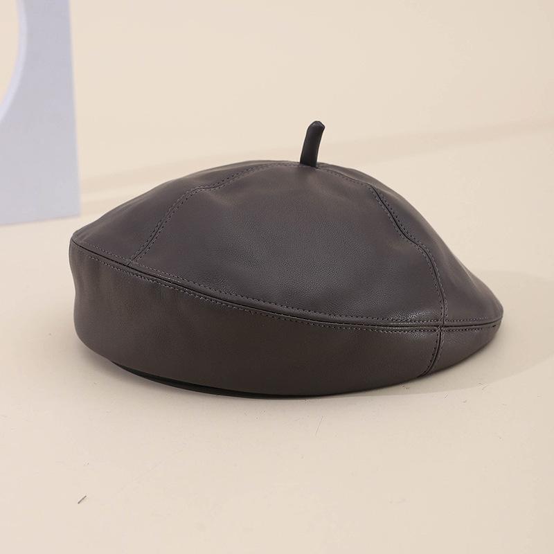 Korean Style Women'S Pu Leather Beret Hat - Solid Color Winter Painter Cap, Fashionable Autumn Winter Headwear Retro Casual