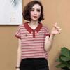 Sommer Besticktes Gestreiftes Peter Pan Kragen T-Shirt für Frauen mittleren Alters und ältere Frauen - Kurzarm
