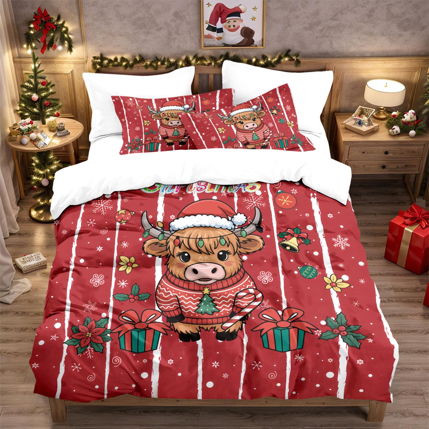 

3pcs Christmas Highland Cow Red Print correless quilt Set Multi Size Bedroom Bedding Holiday Decoration Soft Machine Washable 135x200cm-EU-Single&set