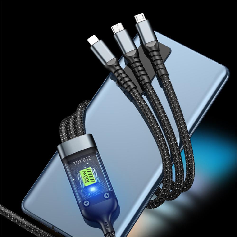 3-in-1 USB 100W Fast Charger Cable Car USB To Type-C Micro LIGHTNING Cable For iPhone 16 15 14 13 Samsung Xiaomi Huawei