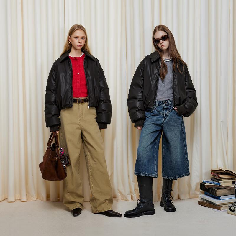 

GREEN BELT PU Leather Retro Loose Down Jacket L