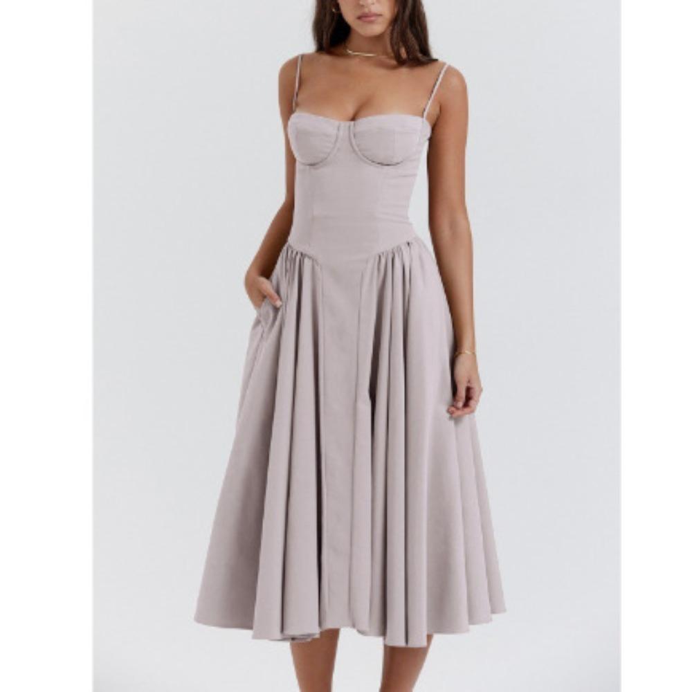 Women's Spaghetti Strap Midi Dress Solid Bustier High Waist Flared Swing Mid-Calf Sundress
