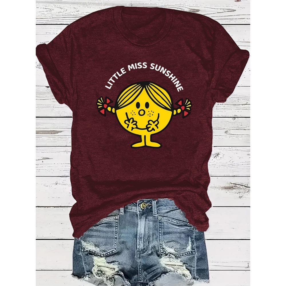 Little Miss Sunshine Cartoon Mädchen Grafikdruck Damen T-Shirt Kurzarm Rundhalsausschnitt Sommer Lässige Oberteile für Damen Kleidung