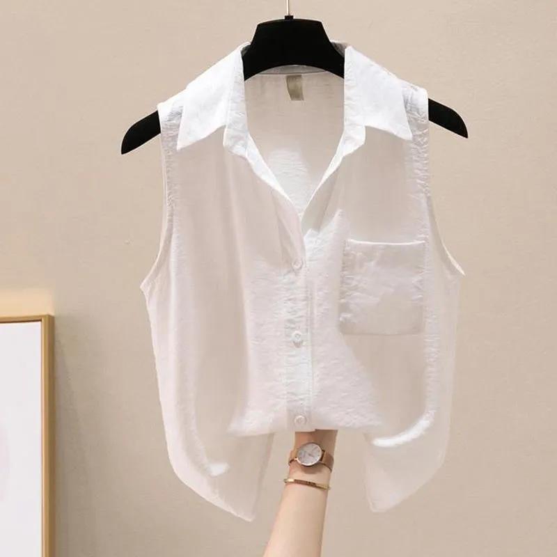 Ärmelloses Damenhemd mit Knöpfen, lässige lockere Bluse mit Tasche