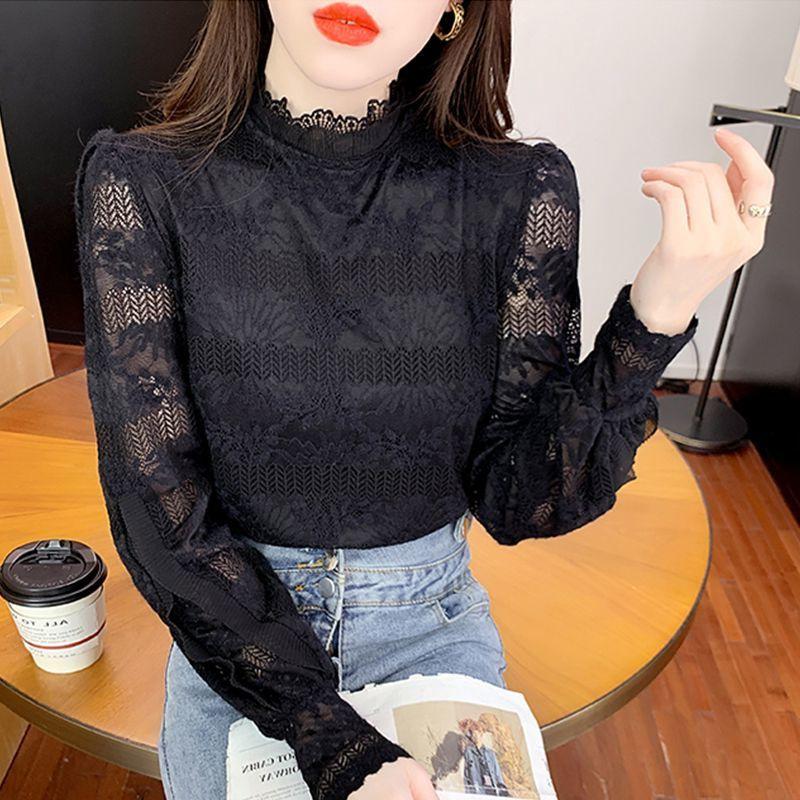 Women's Elegant Lace Long-Sleeve Base Layer Top, French Style, Plus Size, Autumn 2025 Collection