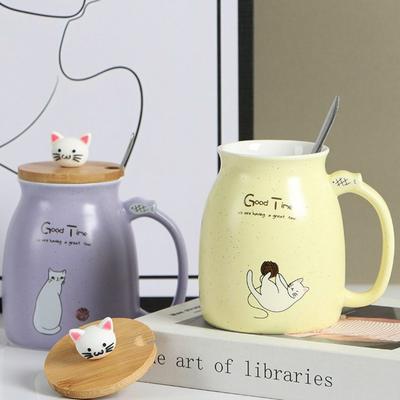 Drinkware Japanese Style Cartoon Cat Mug Ceramic 450ml Coffee Mug with Wooden Lid with Spoon Tea Cup Kids