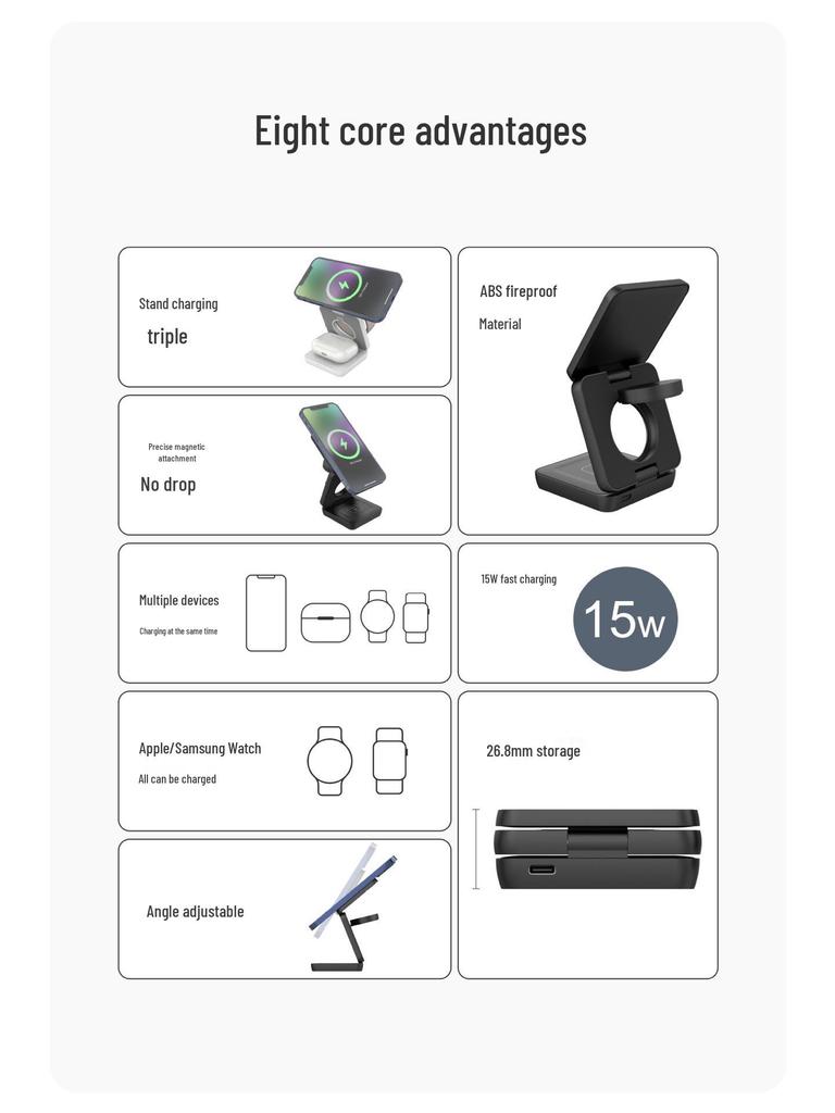 3-in-1 Foldable Magnetic Wireless Charger & Phone Holder for Apple & Huawei