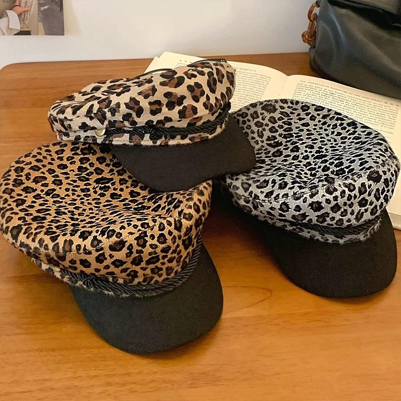 Vintage millennial hot girl Y2K leopard print octagonal beret women's summer versatile big head circumference small face small h