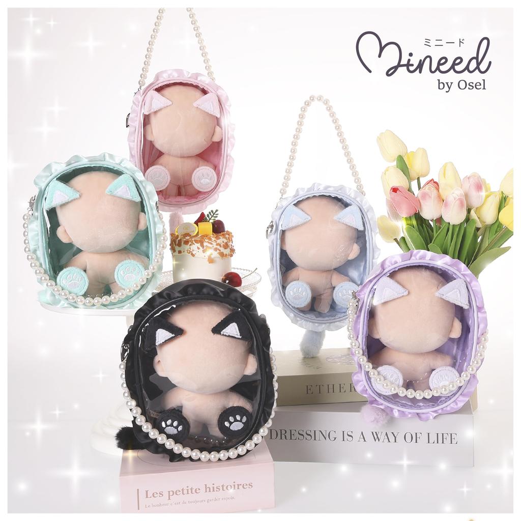 Z25722 Mineed by Osel Cat ears stuffed animal pouch, pearl strap, 5 colors available, large size 17.5 x 12.5 x 6cm (pink)