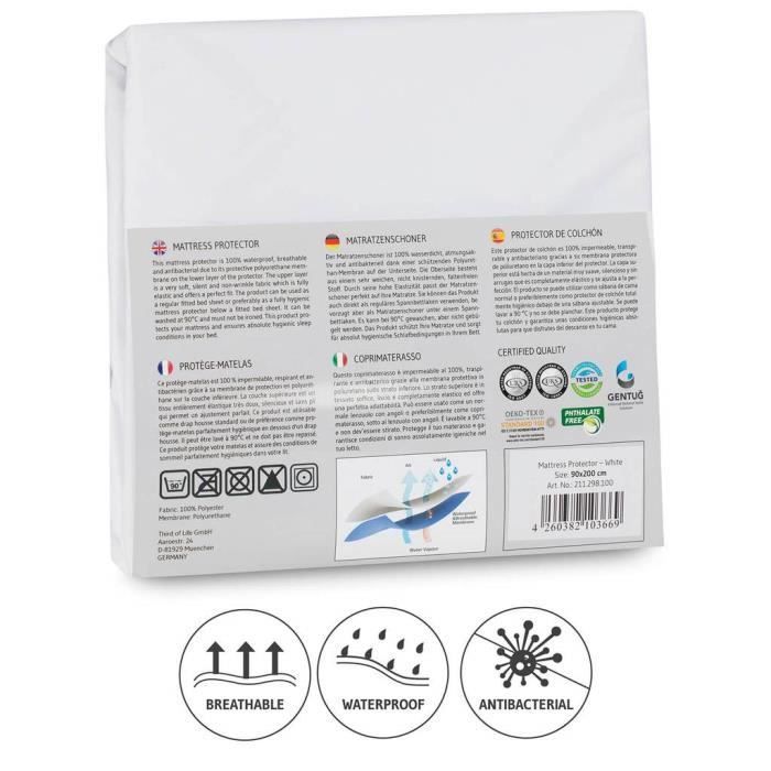 Protège-Matelas - 180x200 - Imperméable - Hypoallergénique - Anti-Bactérien