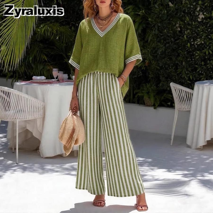 Women's V-Neck Top & Straight Leg Striped Casual Pants Set