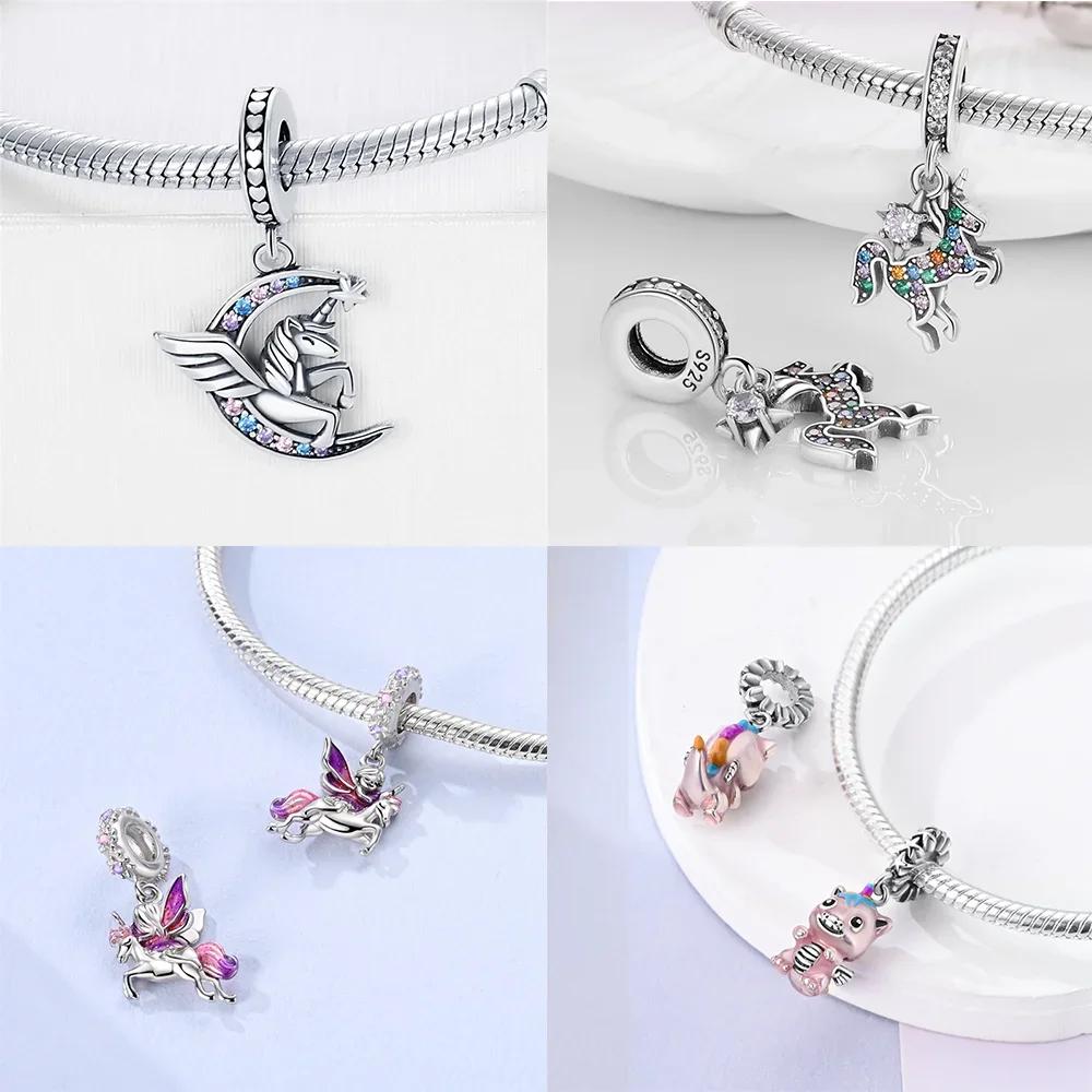 Exquisite Pink Color Charms Beads Copper Cute Girl Wonderland Unicorn Colour Heart Shape Pendant Fit Bangle Bracelet Jewelry