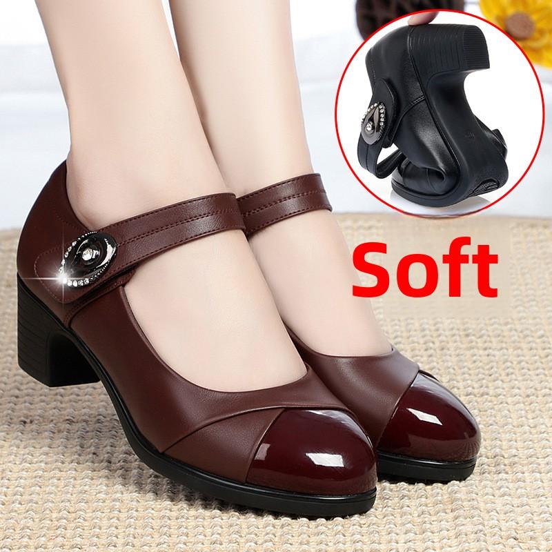 Women's Soft-soled Comfortable Spring and Autumn Single Shoes, Versatile Mid-heel Leather Shoes with One Buckle