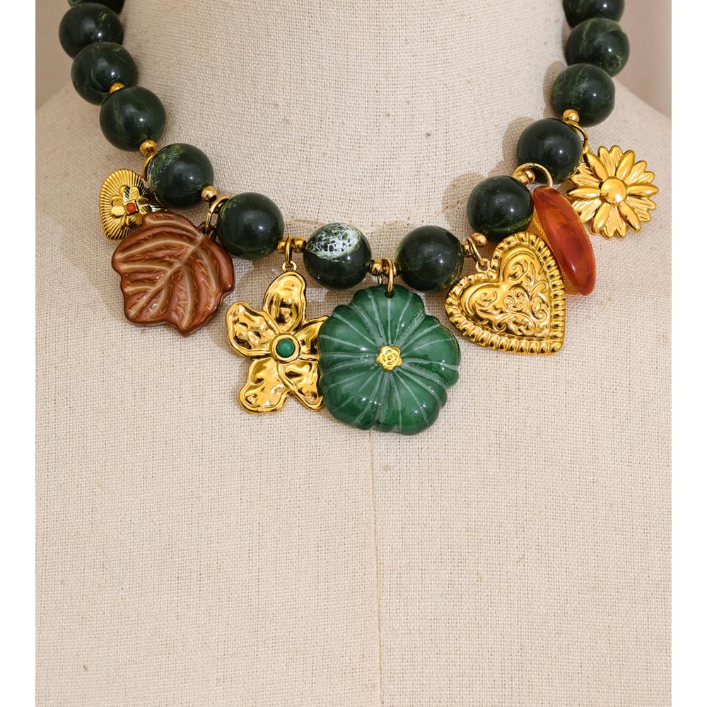 Eetit Stainless Steel Green Acrylic Beads Chain Handmade Jewelry Leaf Flower Heart Drop Charm Necklace 2025 Arrivals Popular