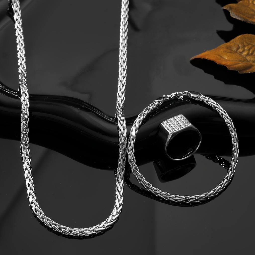 New Stainless Steel Jewelry Set Casting Square Full Diamond Ring Hip Hop Personality Titanium Steel Necklace Manufacturer