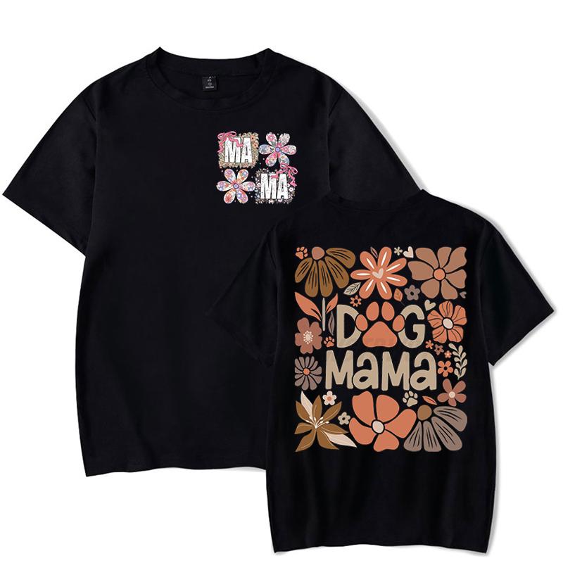 Dog Mama Fashion Casual T-shirts Funny Gift for Dog Owner Short Sleeve Tee Floral Boho Vintage T-Shirt Design Women's Clothing