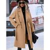 2025 Autumn Winter Women's Double-Breasted Wool Blend Trench Coat, Belted Waist Elegant Overcoat with Notched Lapel, Classic Office Chic Outerwear