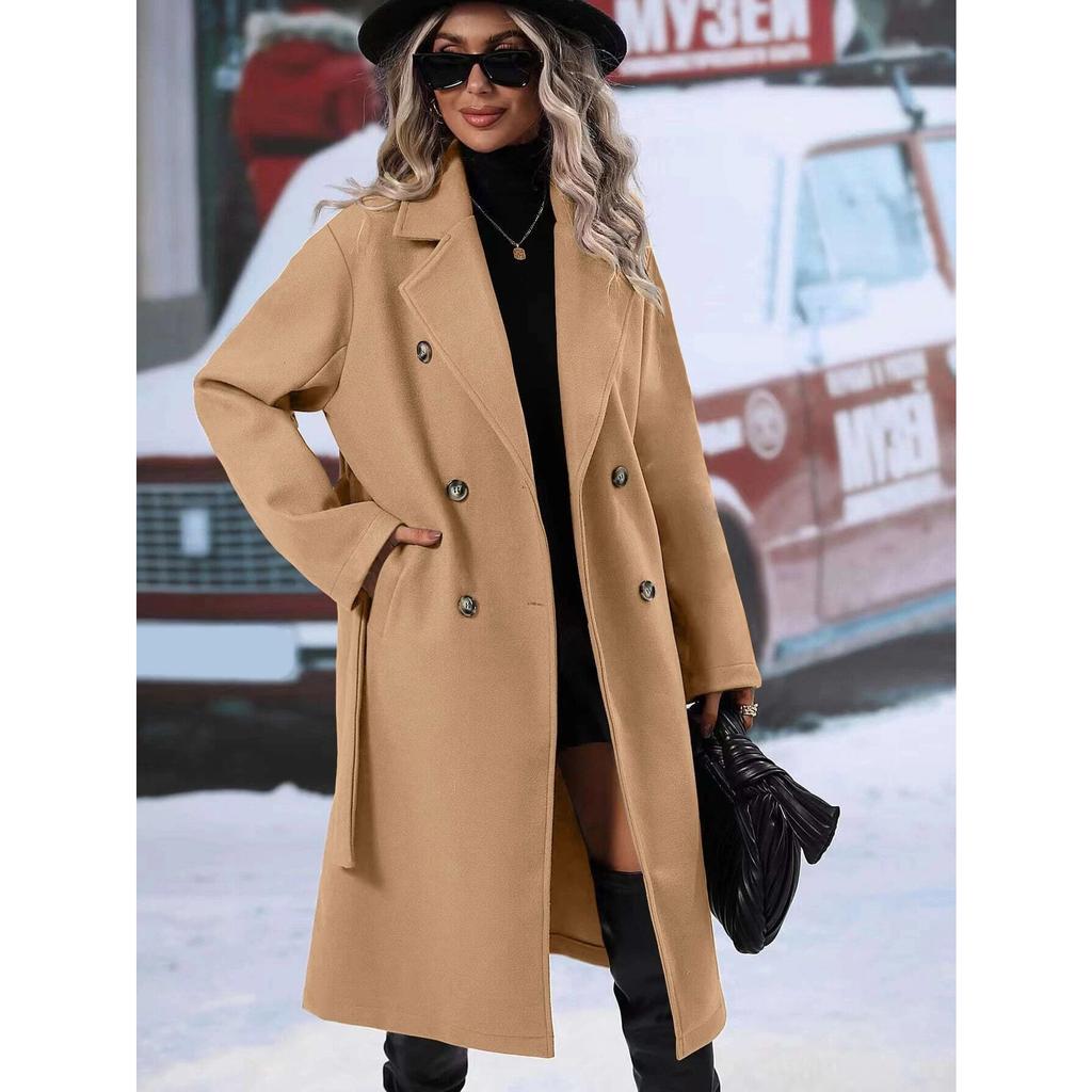 2025 Autumn Winter Women's Double-Breasted Wool Blend Trench Coat, Belted Waist Elegant Overcoat with Notched Lapel, Classic Office Chic Outerwear