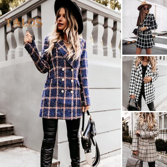 Damen Winter Herbst Mantel Umlegekragen Karomuster Zweireihig Lange Ärmel Dicke Mittellange Jacke für Dating Pendeln Büro