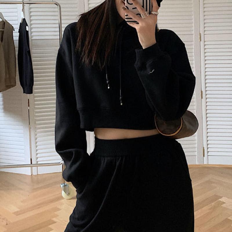 Lässiges Top, lockeres, langärmliges Fleece-Kapuzen-Kurz-Sweatshirt